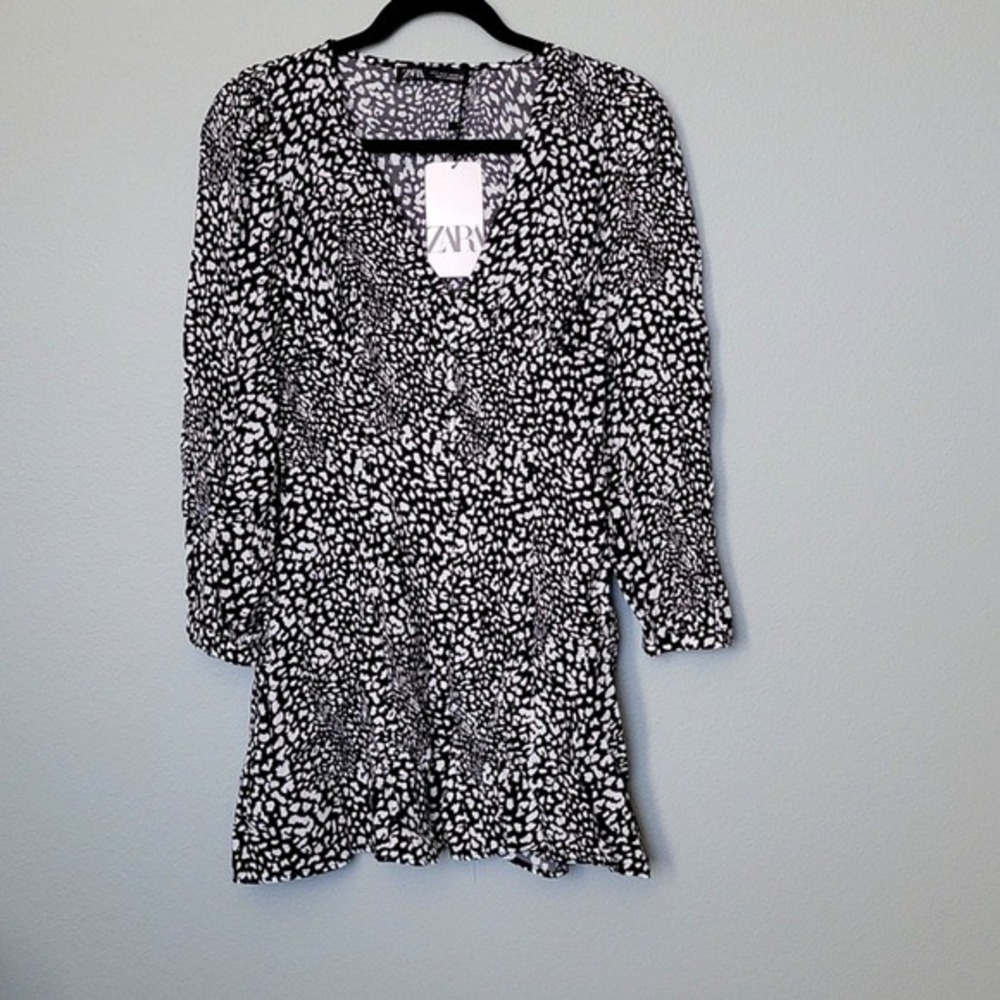 ZARA NWT Romantic Feminine Small Animal Print Long Sleeve Button Down Mini Dress - Picture 3 of 12